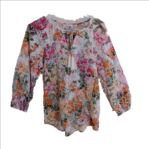 Cupio Women's Multi Floral Emroidery &‎ Lace Peasant Style Blouse w/ 3/4 Sleeves